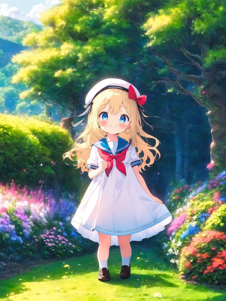 AI Illustration, blonde girl, summer dress, sailor uniform, poster, white dress, beret, two side up