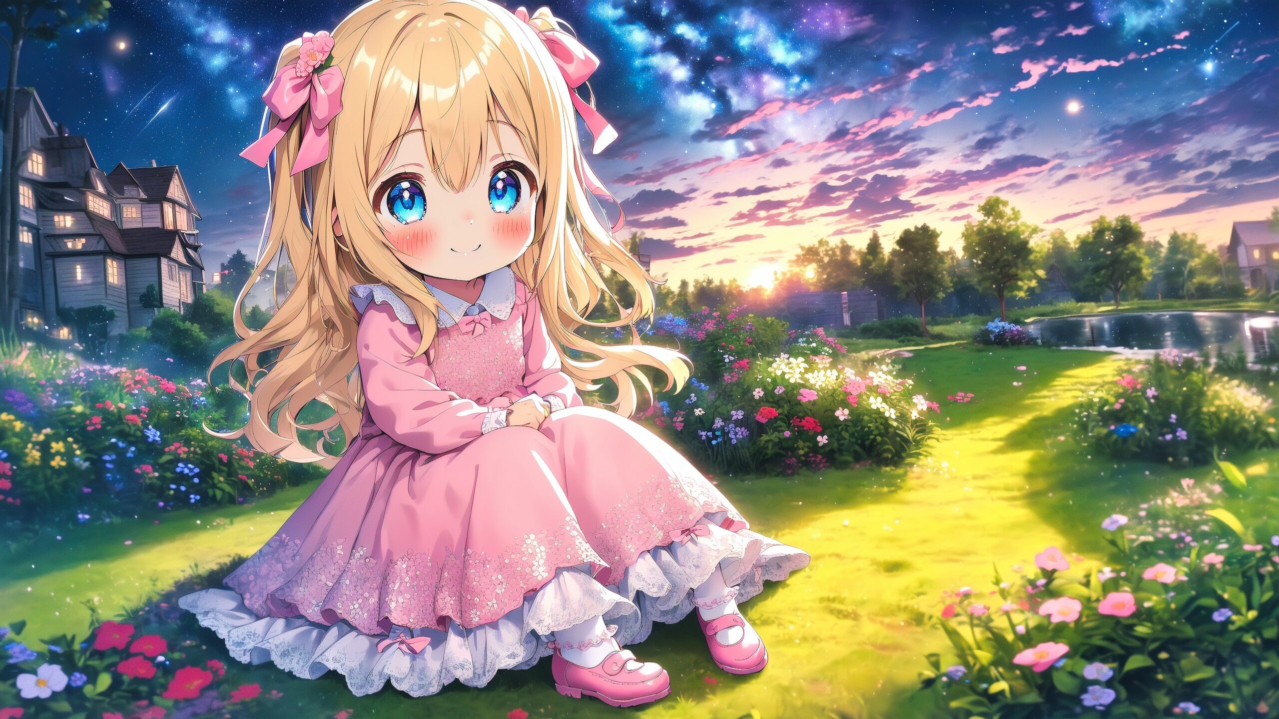 4K Wallpapers) Blonde girl in a dress, under the night sky - zzz's