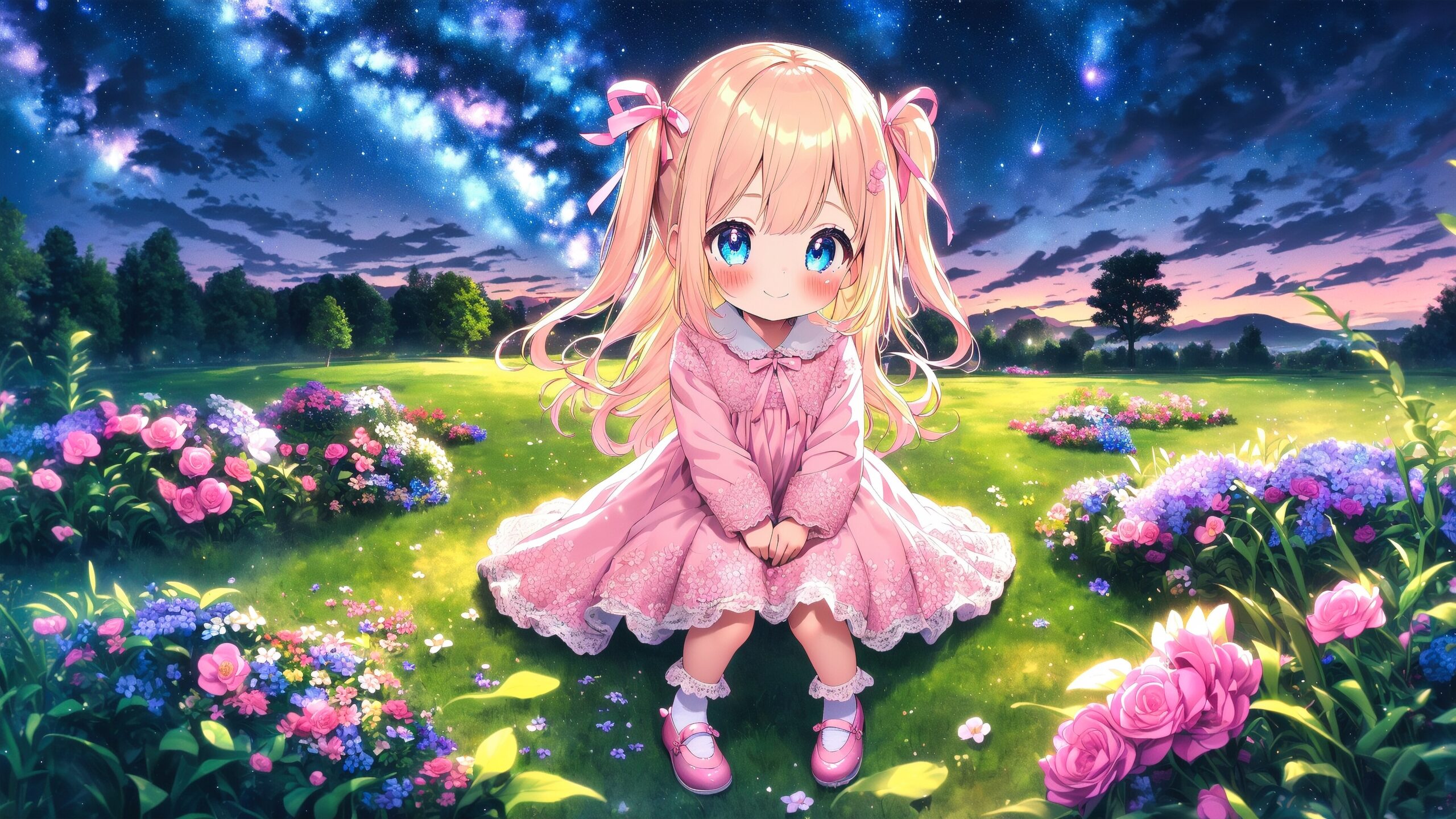 4K Wallpapers) Blonde girl in a dress, under the night sky - zzz's