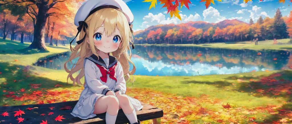 AI Illustration, Blonde girl, CinemaScope, Autumn, Sailor uniform