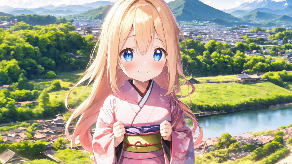 Ilustração AI, Rapariga loira, Kimono
