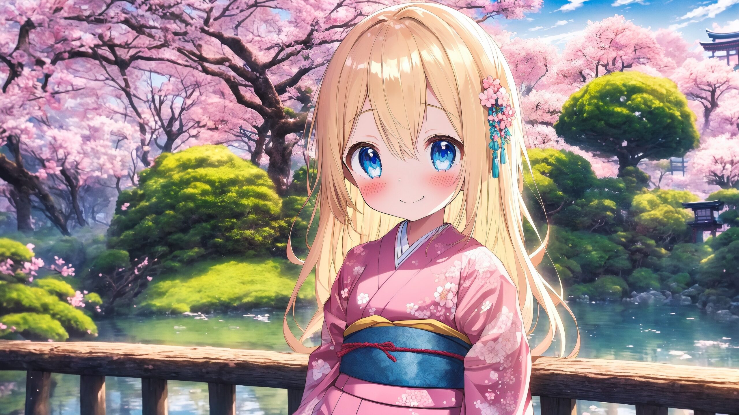 AI illustration, Blonde girl, Kimono, AIart