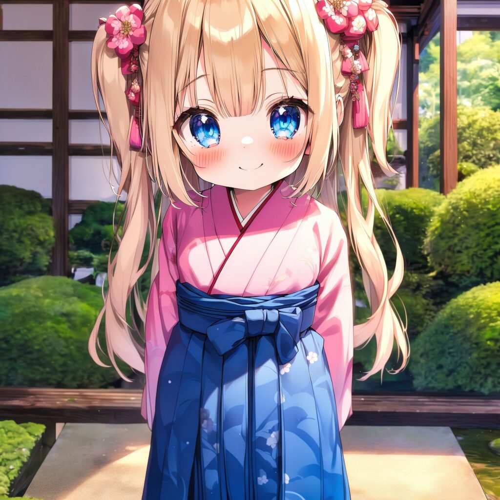 AI Illustration, Blondes Mädchen, Kimono, Hakama, Japanische Kleidung