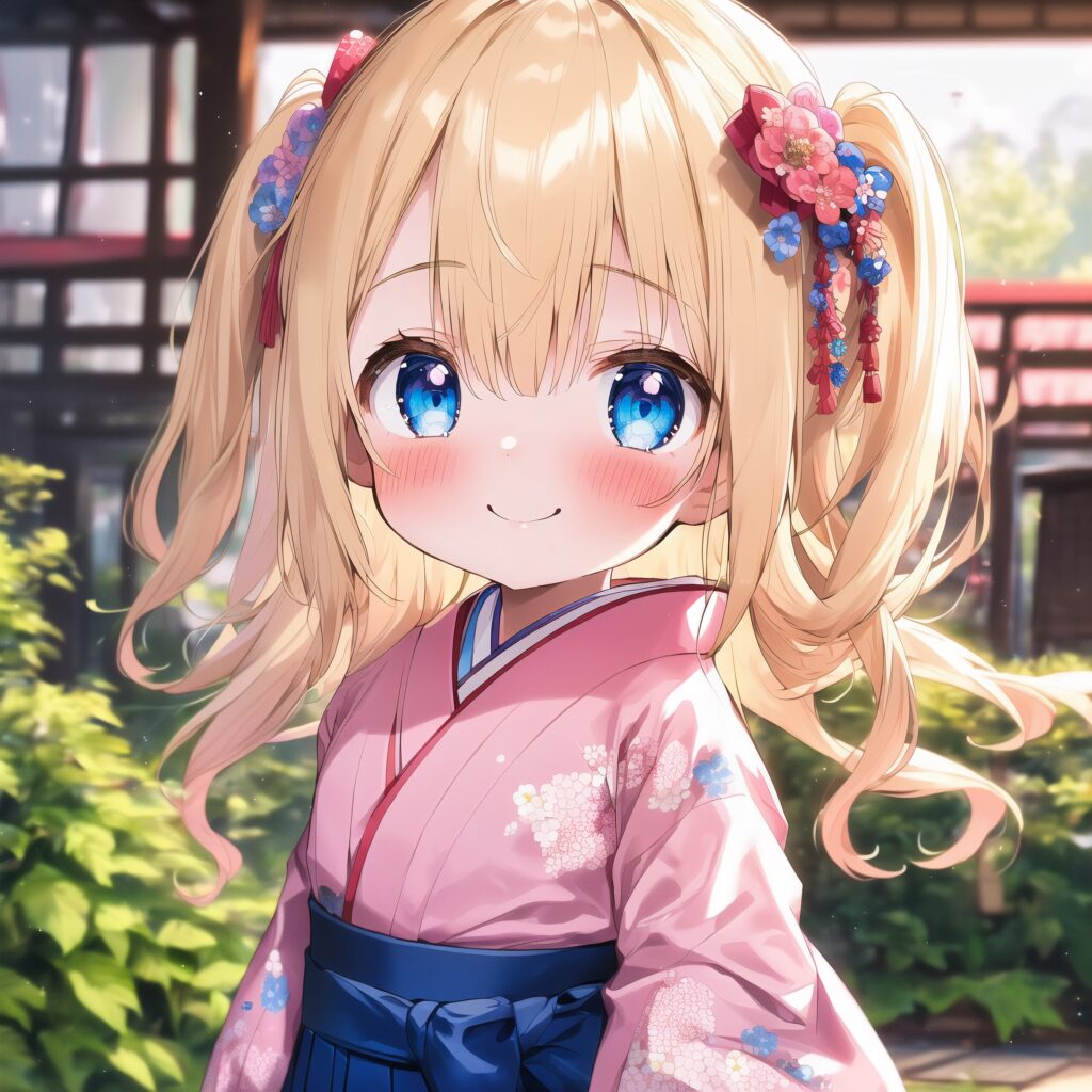 AI illustration, blonde girl, kimono, hakama, Japanese clothes