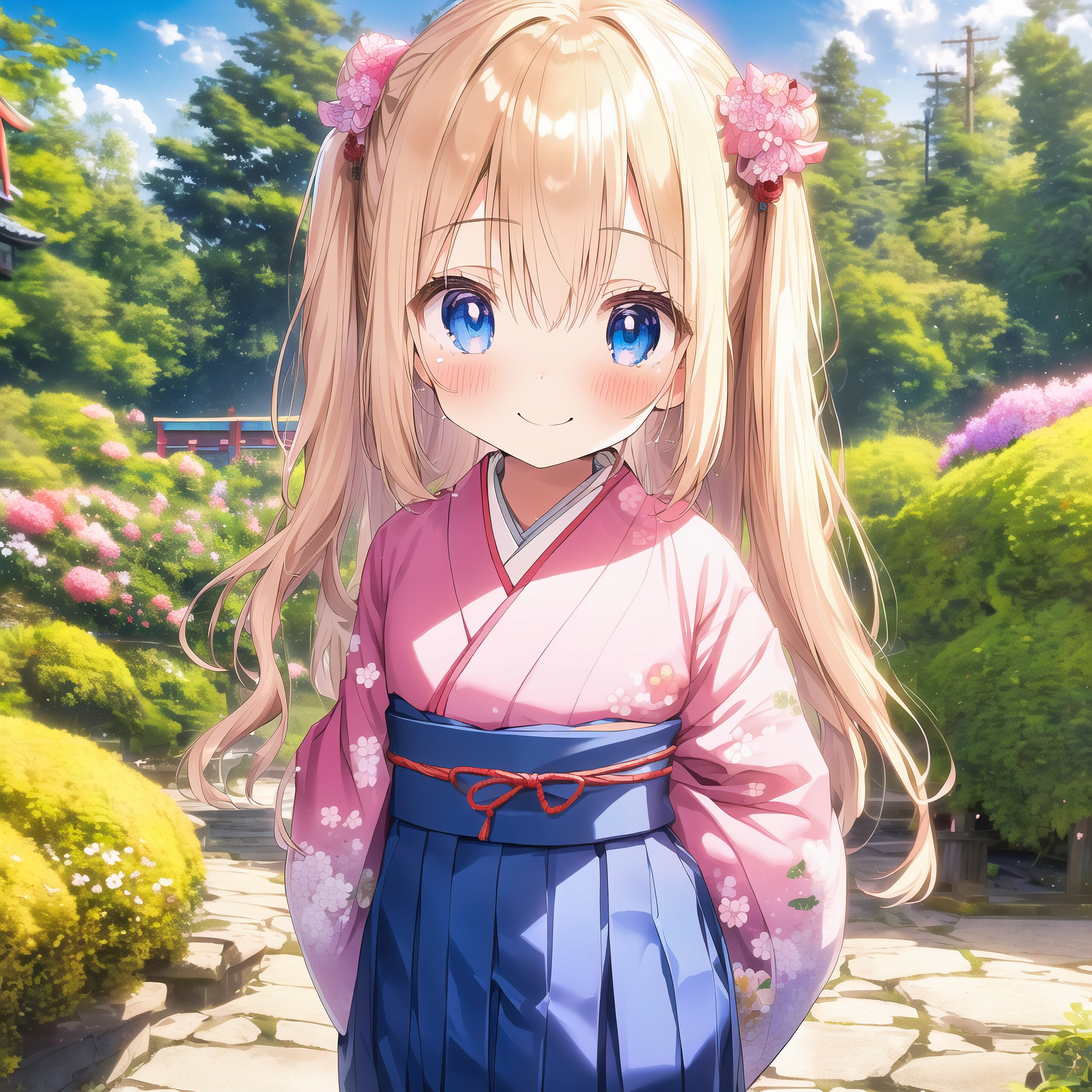 AI illustration, blonde girl, kimono, hakama, Japanese clothes, AIart