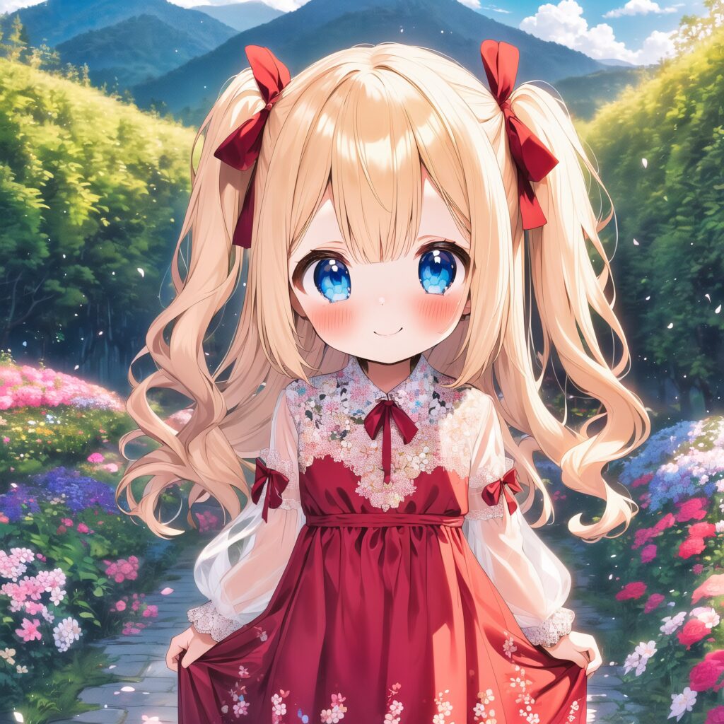 AI illustration, blonde girl, dress, ChromaFT