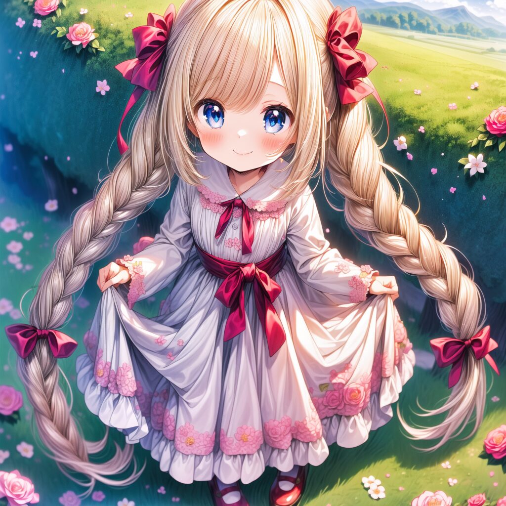 Illustration, AI-Illustration, blondes Mädchen, lange Haare, sehr lange Haare, Zöpfe, süß, ChromaFT